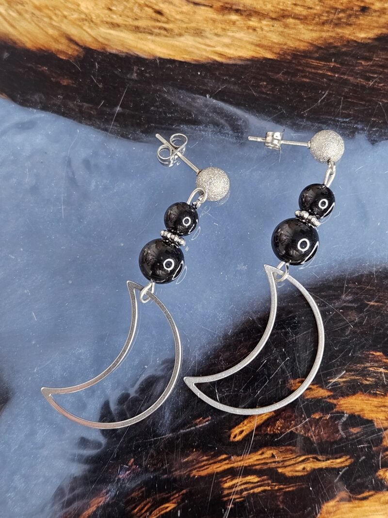 Boucles d'Oreilles en Onyx et Lune