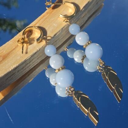 Boucles d'oreilles Angélite et plumes